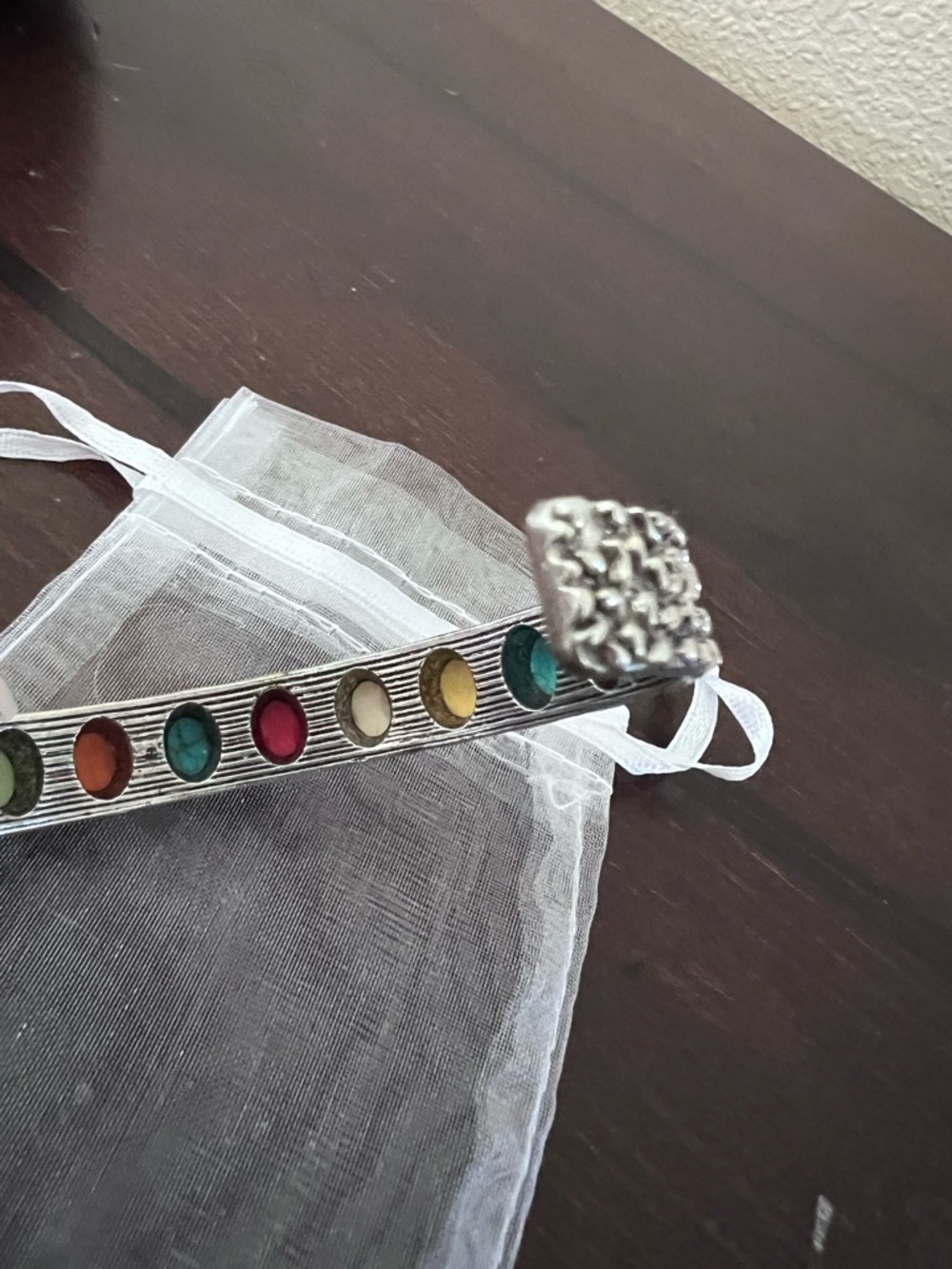 Colorful Beaded Silver Cuff Bracelet and Hoop Earrings Set - Picture 3 of 5